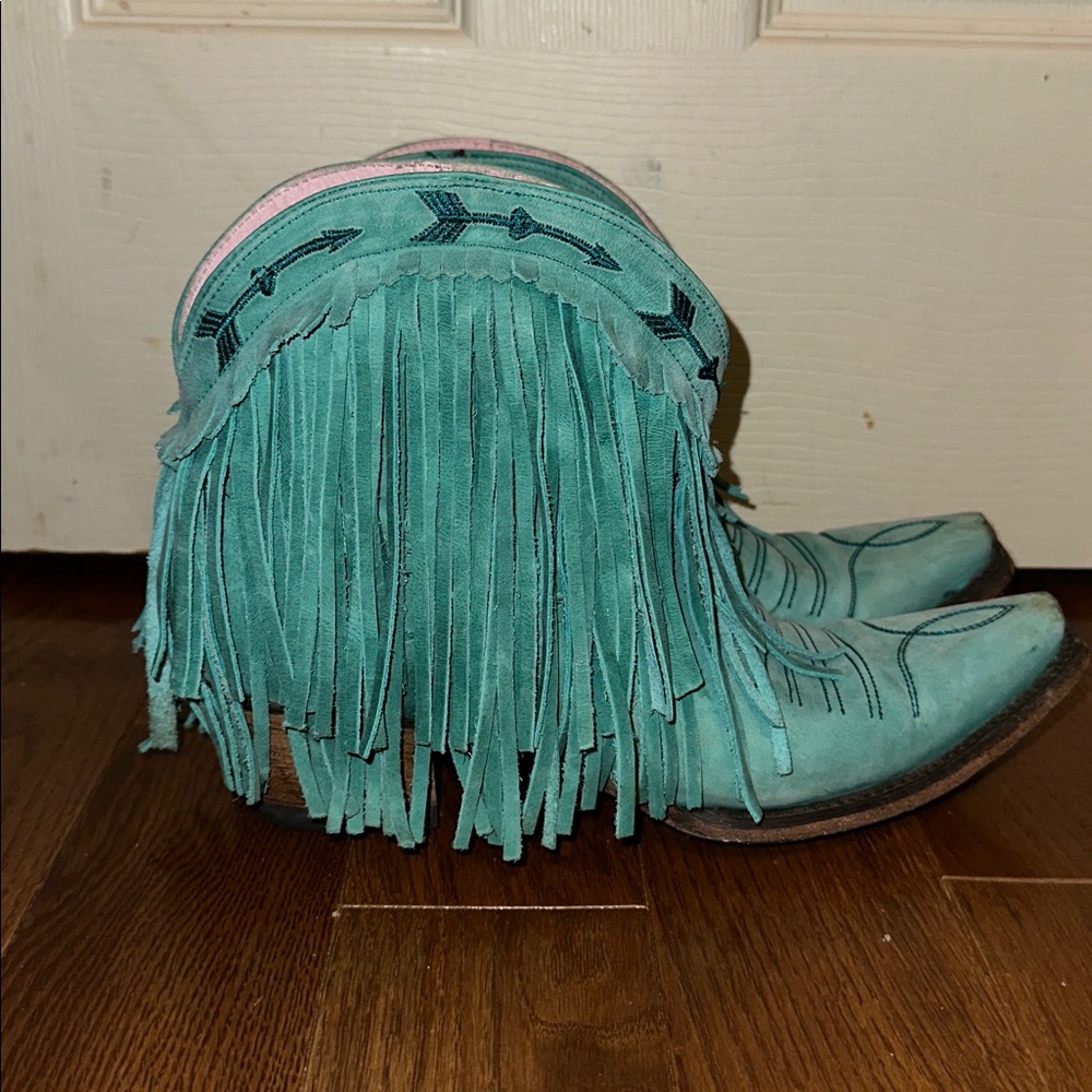 Turquoise Fringe Leather Ankle Booties